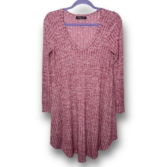 Lollipop Star Size M Burgundy Ribbed Lightweight Knit Long Sleeve V Neck Dress - Picture 1 of 9